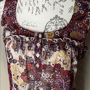 Sheer floral paisley print baby doll sleeveless top ties in back Large boho
